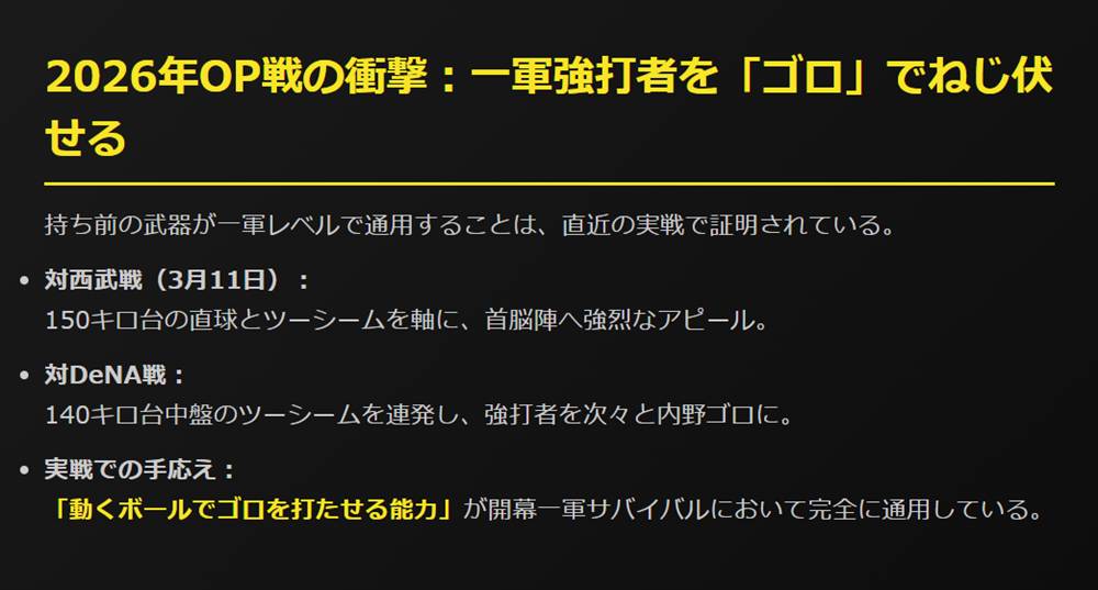 2026年オープン戦の衝撃！一軍強打者を「ゴロ」でねじ伏せる