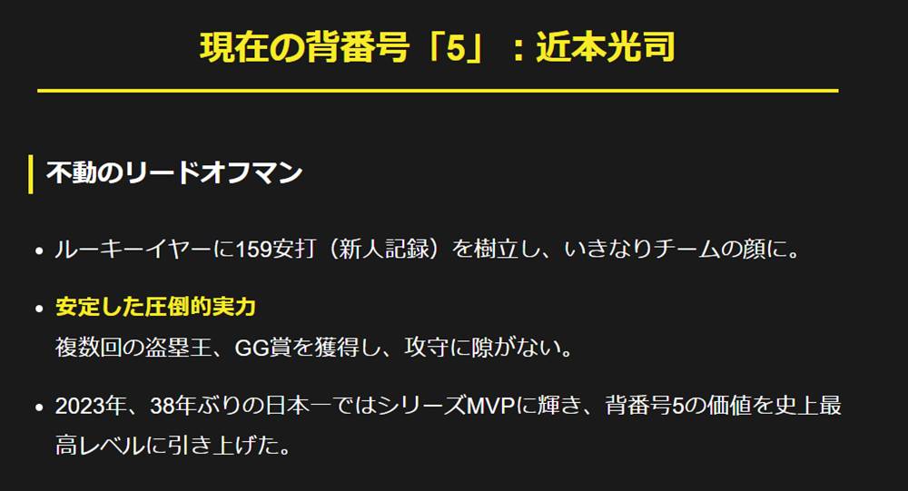 現在の背番号「5」：近本光司