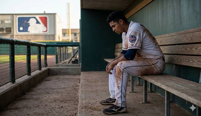 マイナーリーグのベンチで泥だらけの練習着で座っている様子
